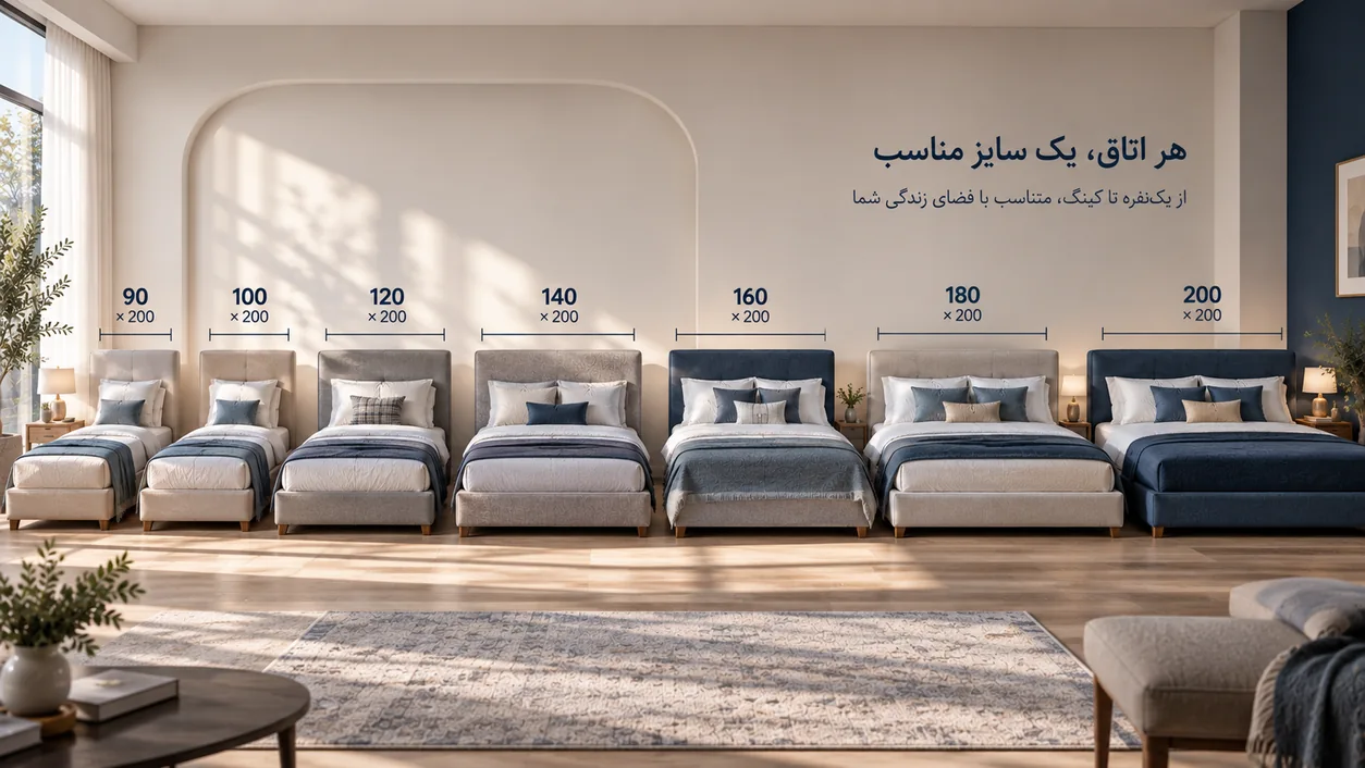 راهنمای تصویری ابعاد استاندارد تخت خواب یک‌نفره و دونفره از ۹۰ تا ۲۰۰