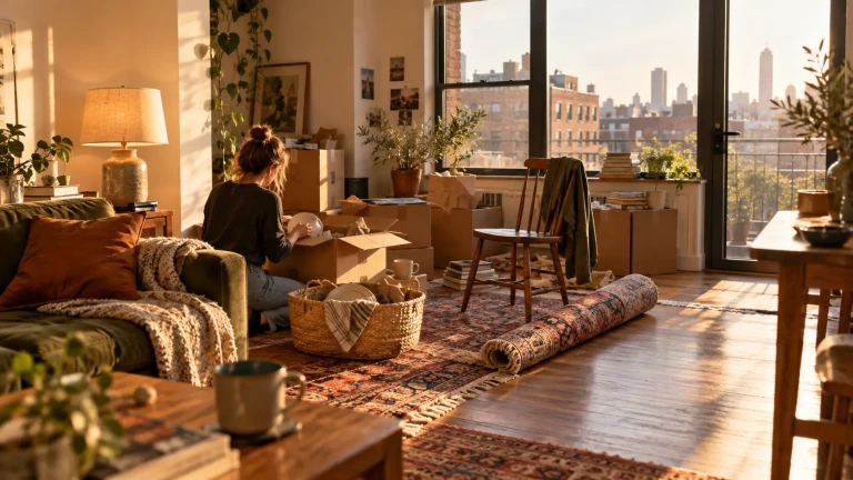 باز کردن کارتنهای جهیزیه در خانه جدید با فرش نیمهپهنشده، مبل سبز و نور گرم صبح