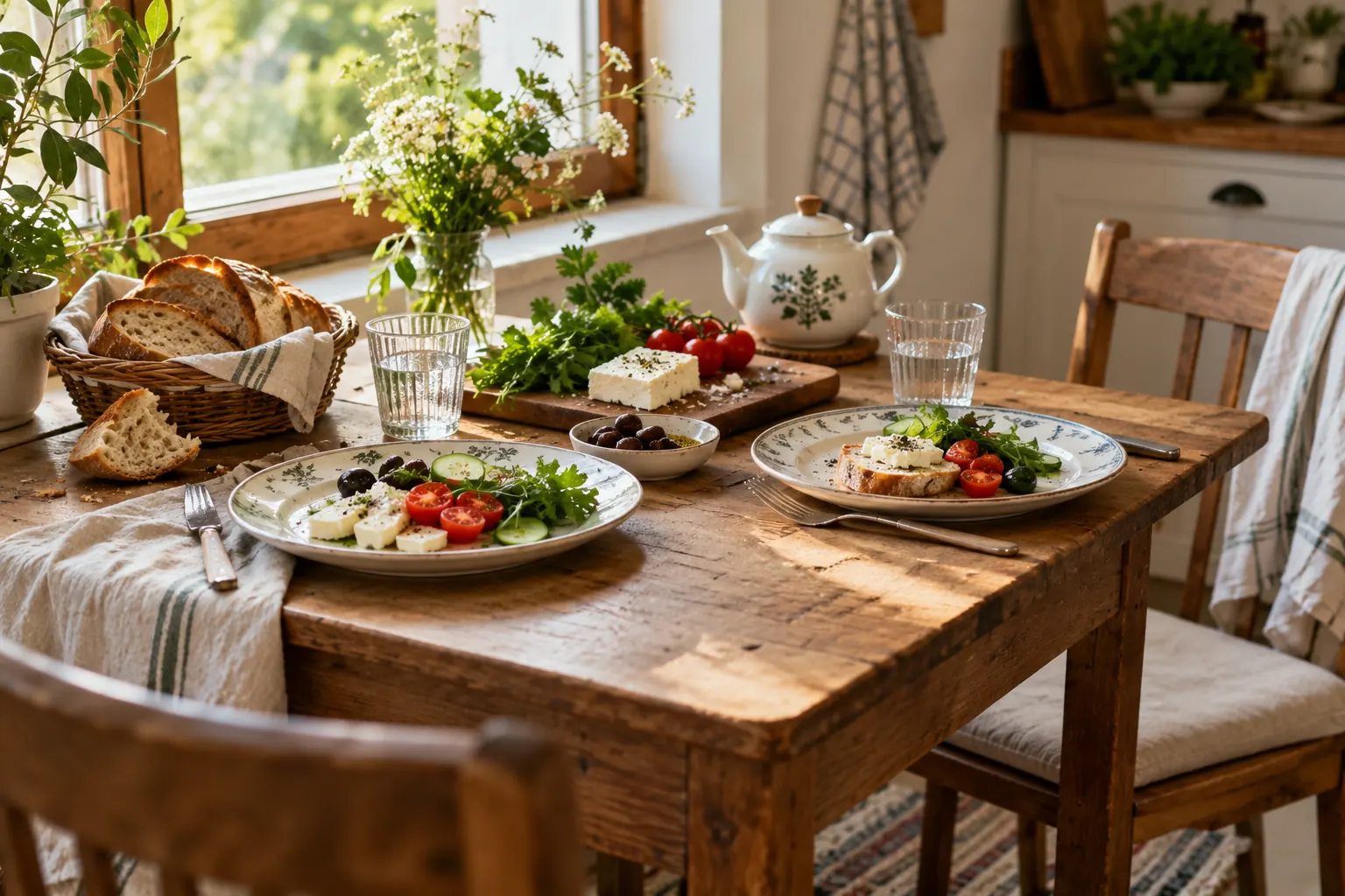 میز صبحانه دونفره با بشقابهای سرامیکی، نان، سبزی، قوری و لیوان کنار پنجره