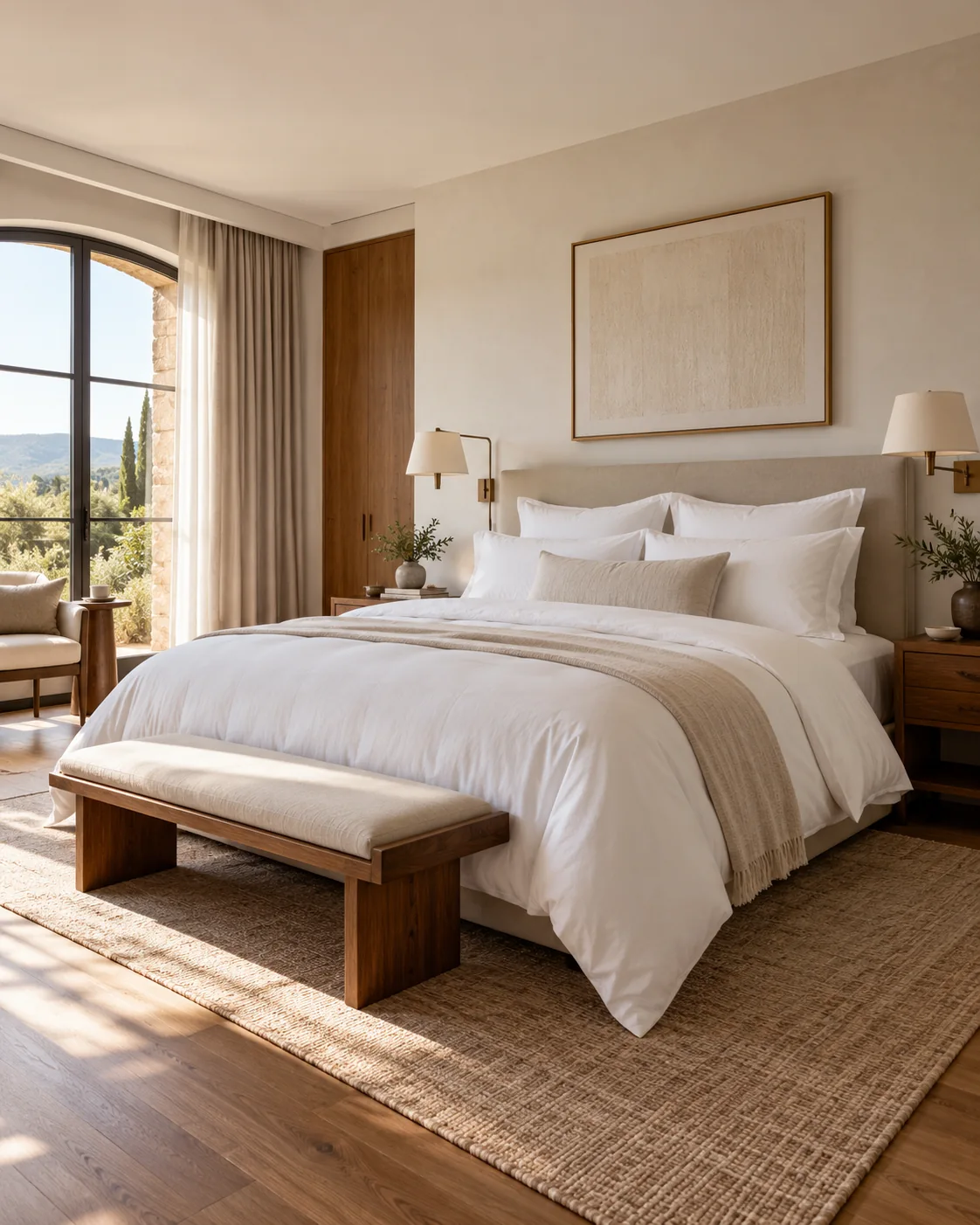 تخت سفید مرتب با لحاف هتلی در اتاق خواب روشن
